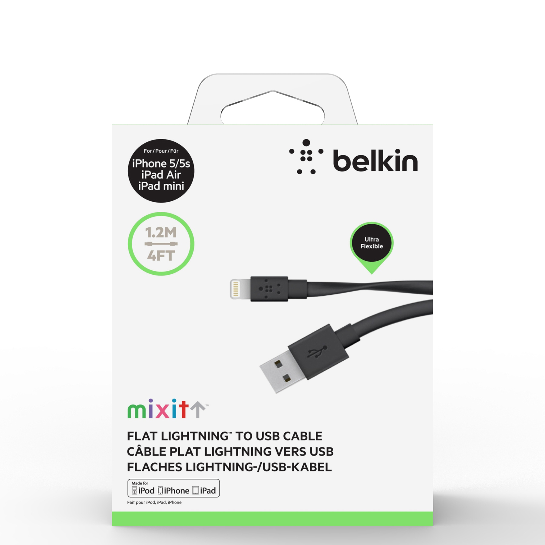Belkin MIXIT↑™ FLAT Lightning Charge/Sync кабел - 2.4А/12W: 1.2м