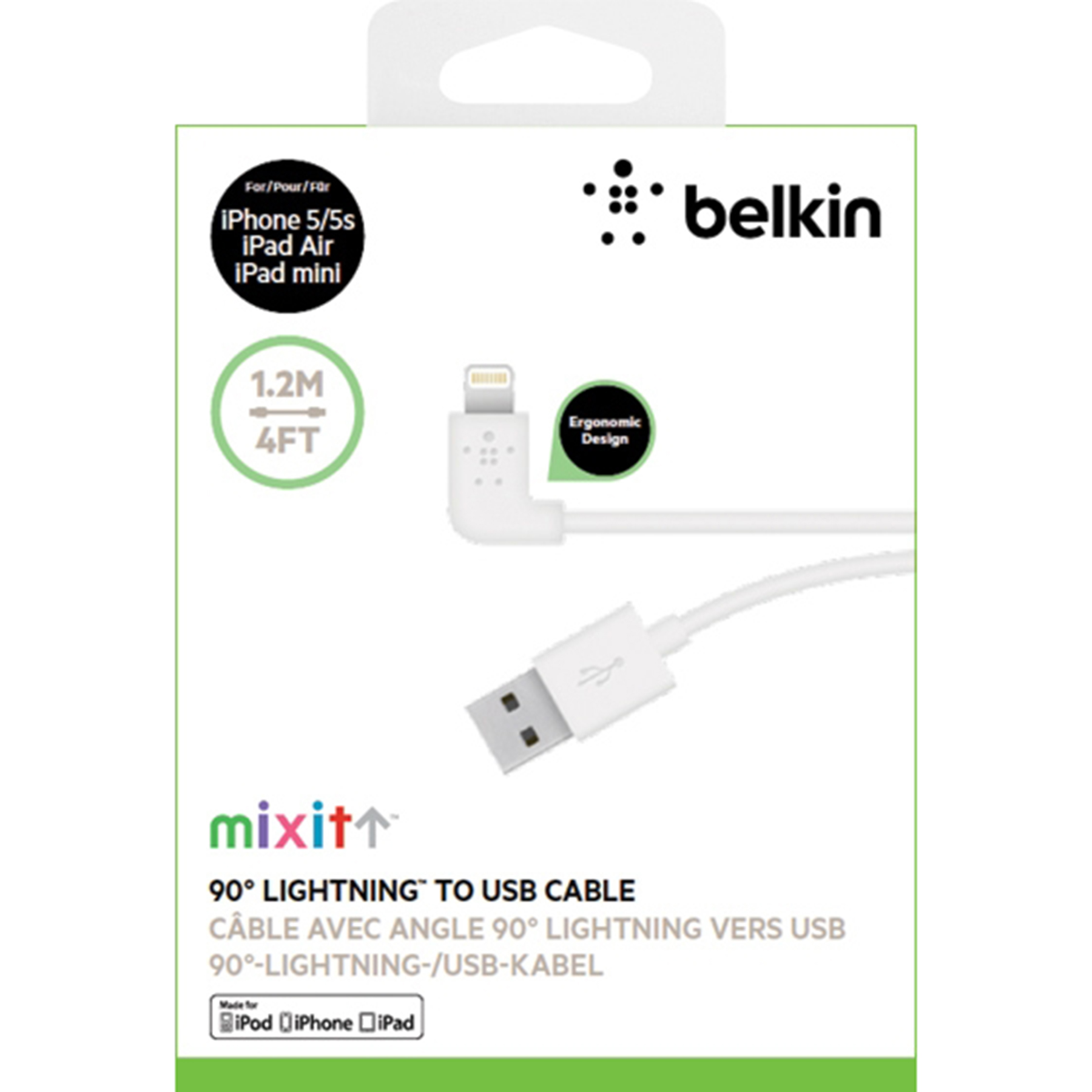 Belkin MIXIT↑™ 90° Lightning Charge/Sync кабел - 2.4А/12W: 1.2м