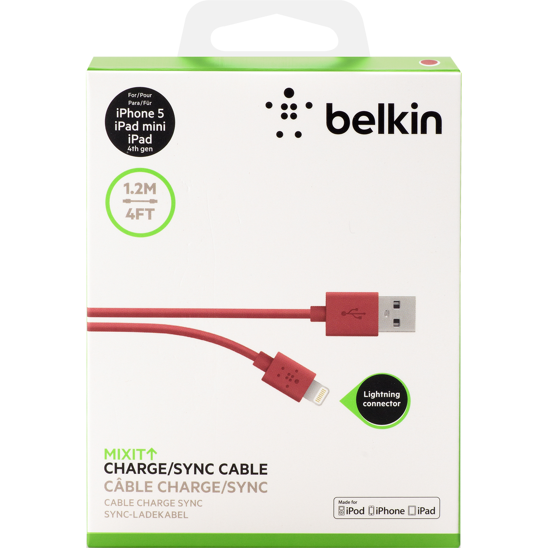 Belkin MIXIT↑™ Lightning Charge/Sync кабел - 2.1А/10W: 1.2м * Цвят: червен