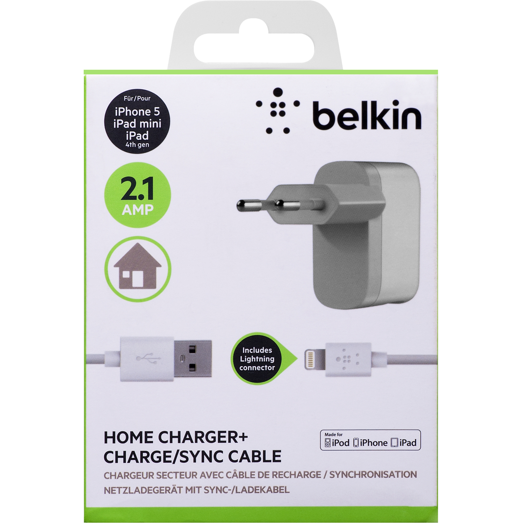 Belkin 220V зарядно - 2.1A/10W * Oтделен Lightning кабел: 1.2м * Цвят: бял